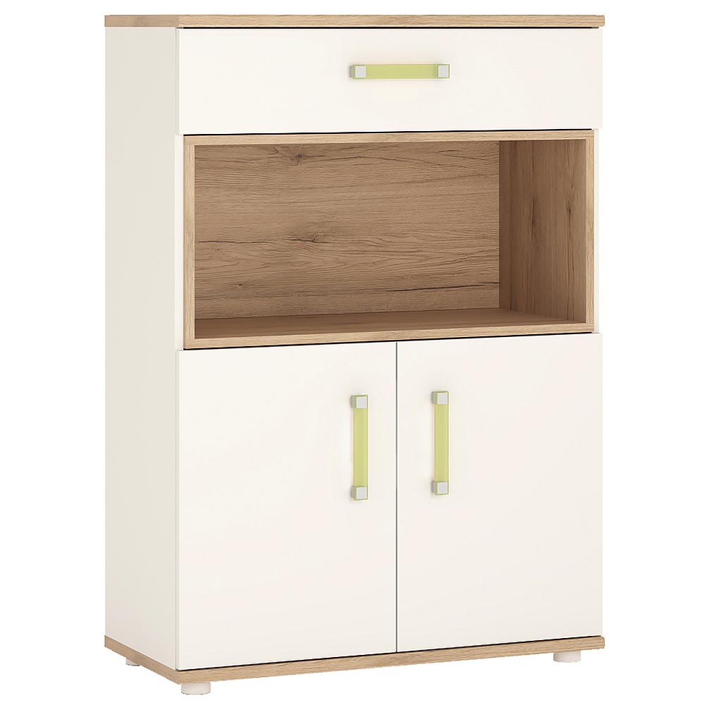 4KIDS 2 door 1 drawer cupboard with open shelf lemon handles